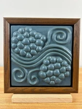 Pewabic Pottery Detroit 8X8" Grapes And Scroll Motif , Blue Framed Tile