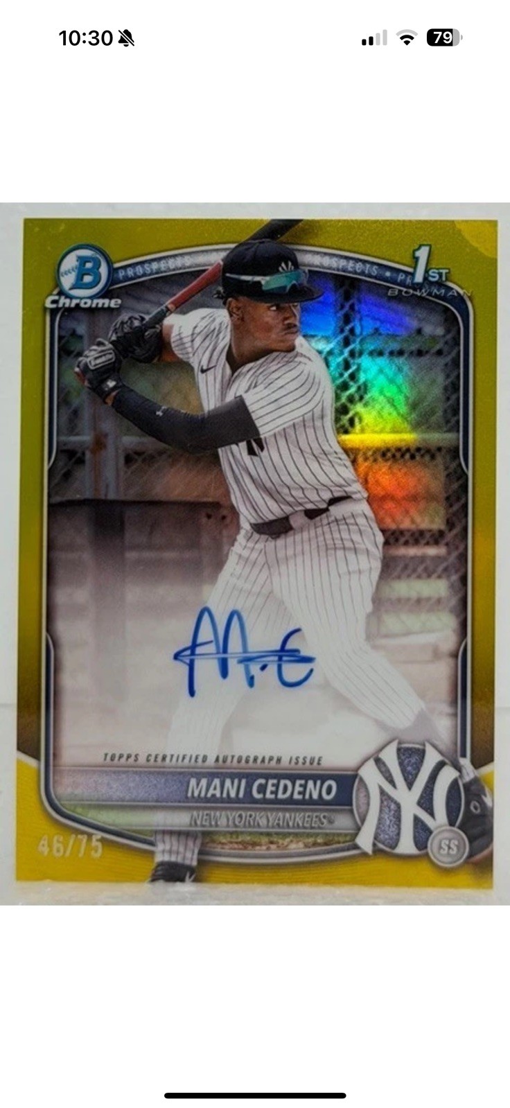 2025 Bowman Chrome 1st Mani Cedeno True Yellow /75 Auto New York Yankees