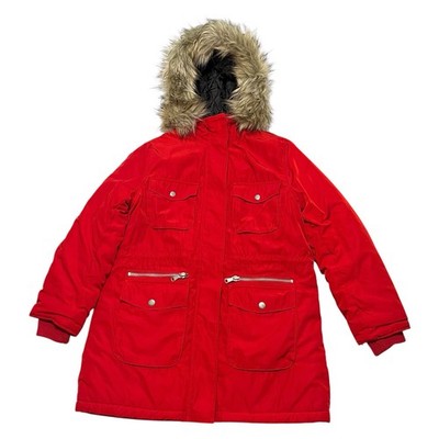 H&M Divided Red Women s Winter Faux Fur Hooded Parka Jacket Size Medium