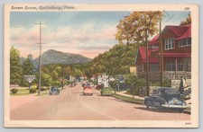 Gatlinburg Tennessee, Street Scene Old Cars, c1940s TN Postcard
