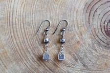 Sterling Silver Square Beads "Give Care" HEART & FLOWER dangle Earrings