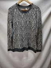 Ibex Women's M 100% Merino Floral Jacquard Crew Neck Sweater Grey Cream