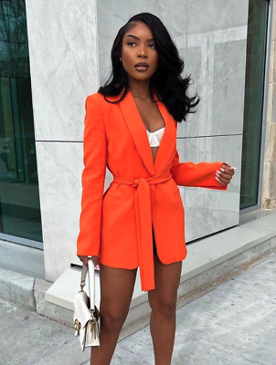 ZARA WOMEN NEW BELTED TUXEDO COLLAR BLAZER JACKET ORANGE ZARA WOMEN NEW BELTED TUXEDO COLLAR BLAZER JACKET ORANGE