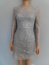Dolce & Gabbana Silver Metallic Long Sleeve Lace Dress Size 36/US 0