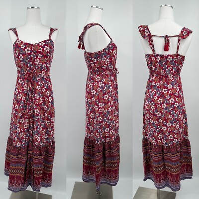 Hem & Thread V Neck Button Down Front Tie Red Floral Dress Size Medium