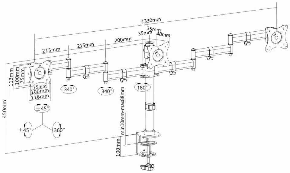 Schreibtischhalterung für 3 Monitore 33-69 cm 13-27 Zoll höhenverstellbar Tra... - Bild 4 von 4