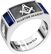 US Jewels Men's 925 Sterling Silver 8mm Master Mason Lab Grown Sapphire Ring