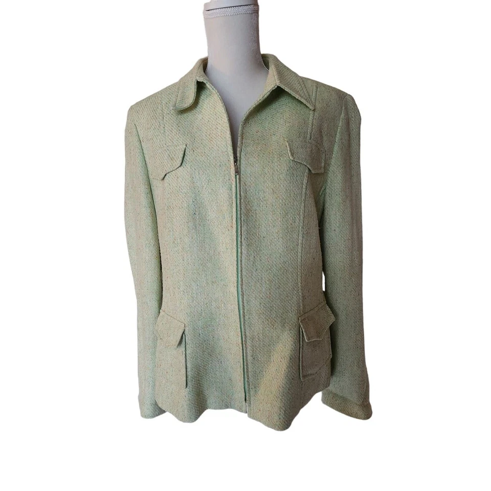 Chaqueta Thompson de tweed verde Garfield & Marks mezcla de seda talla 14 cremallera Foto 2 de 4