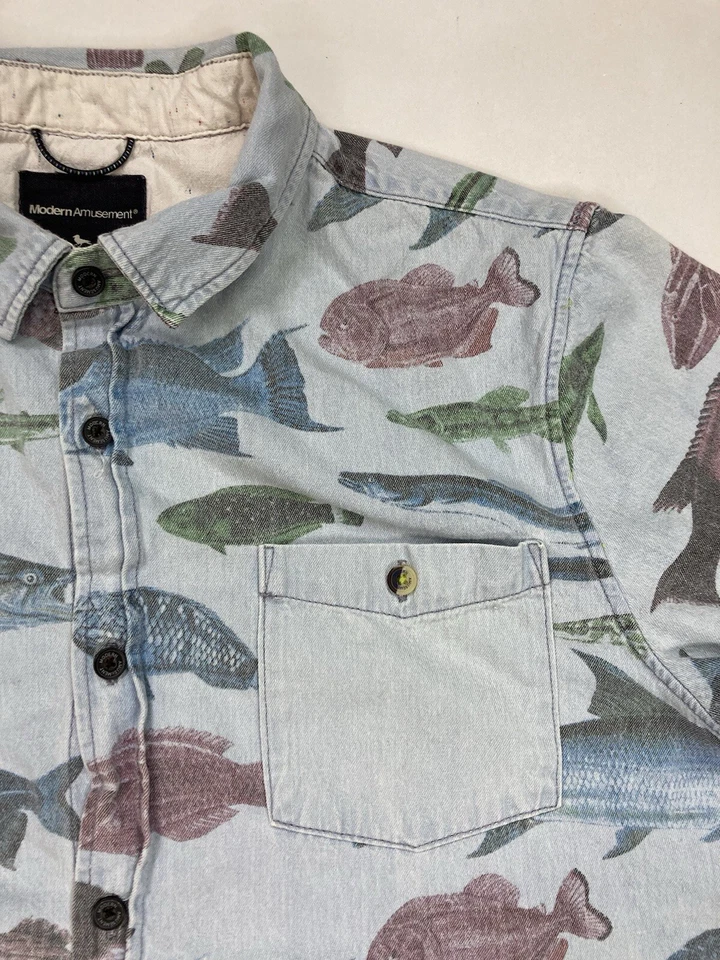 Modern Amusement Fish Print Denim Jean Shirt Men Slim Large Blue Short Sleeve - Image 2 of 4