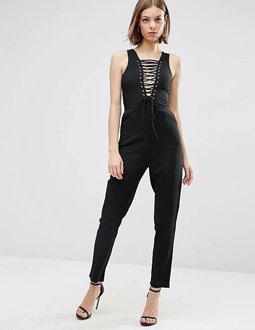 cigarette pant jumpsuit LAVISH ALICE size XS Black Sleeveless Lace Up Bodice 100% Silk Professional dry clean only Made in USA of imported material how cute is this new