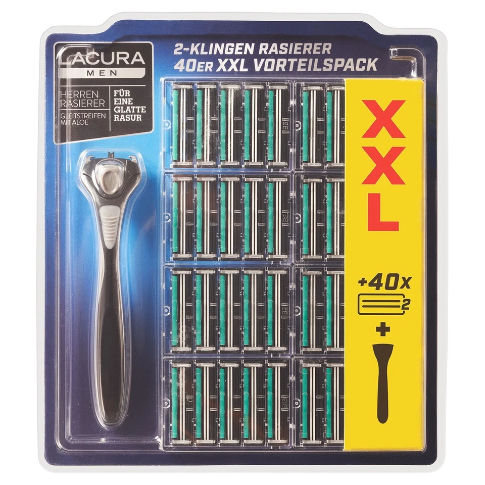 LACURA MEN 2-Klingen-Rasierer, 1 Handstück, 40 Ersatzklingen, XXL-Pack, neu&ovp