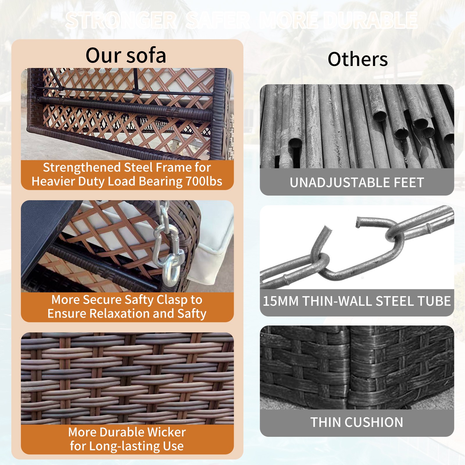 2-Seat Wicker Porch Swing Hanging Chair Outdoor Patio Swing Bench w/Side Table