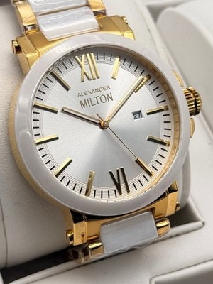 Alexander Milton Quartz Herrenuhr Color Keramik Edelstahl Gold Weiß Datum