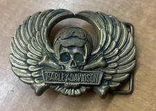 Vintage 1990 Harley Davidson Brass Baron Belt Buckle Winged Aviator Skull 6187
