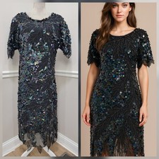 VTG 87s Black Sequin Beaded Silk Chiffon Cocktail Dress Scalloped Hem