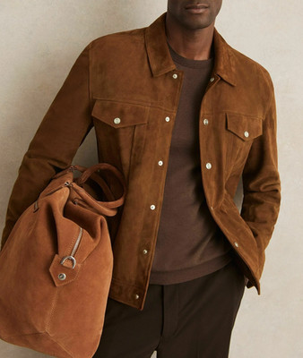Brown Leather Trucker Jacket for Men Pure Suede Custom Made Size S M L XXL 3XL