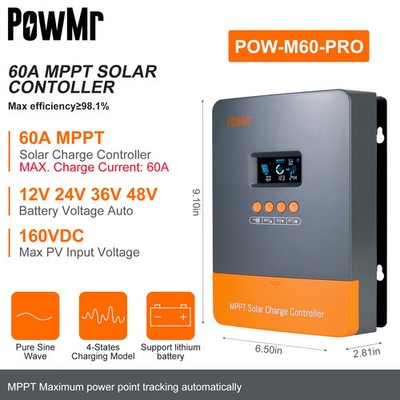 PowMr MPPT 60A Solar Charger Controller Blacklight LCD Regulator Max PV Input