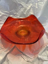 Vtg Viking Epic Art Glass Ruby Red Round Bon Bon Dish Pulled Up Corners