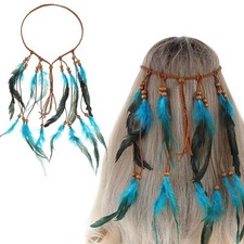 Women's Native American Blue Feather Headdress Boho Chic Indian Headband