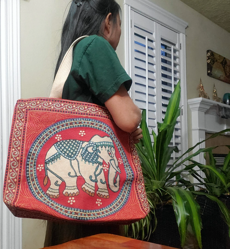 Thai Tote Handcrafted Elephant Handbag Cotton Elephant Tote Bag - Picture 1 of 10