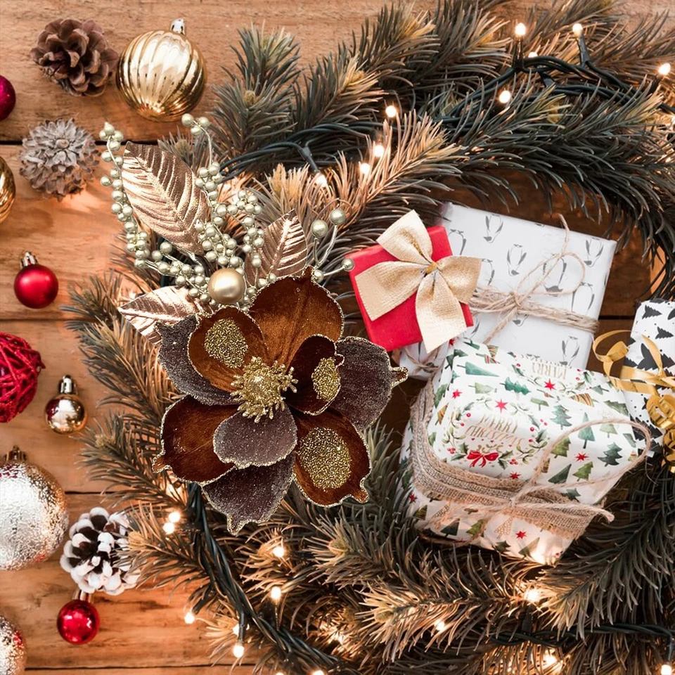 6 Piezas Selecciones de Flores de Navidad Marrón Navidad Brillo Magnolia Flores Elige un... Foto 3 de 4