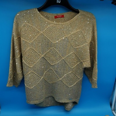 GUESS Los Angeles Strickpullover Gold Pailletten Größe 6 Small Metallic Glitzer Party...