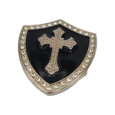 Cast Aluminum Knight Shield Cross Buckle Black Enamel Front Faux Rhinestone Edge