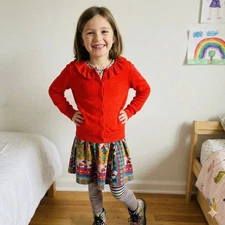 Molo Cardigan Sweater Girls 7-8 Red Ruffle Collar Kids Preppy Wool Blend