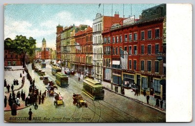 Worcester MA Main Street from Front St Trolley Horse Carriage Postcard  AA409