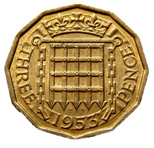 GREAT BRITAIN ELIZABETH II 1953 THREEPENCE 3 PENCE, BRASS UNC one year type