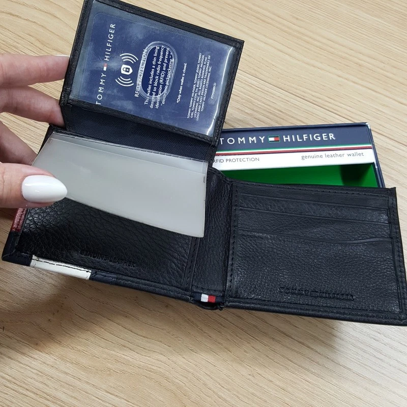 TOMMY HILFIGER Hombres Cartera de Cuero Negra Doble Pliegue RFID Bandera Logo Foto 4 de 4