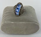 VTG Art Deco Style Rhinestone Sterling Silver Simulated Sapphire Ring 5.5