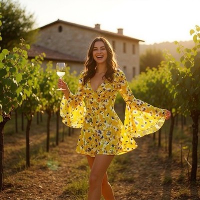Mac Duggal yellow floral bell sleeves chiffon Mini dress party wedding Sz 10