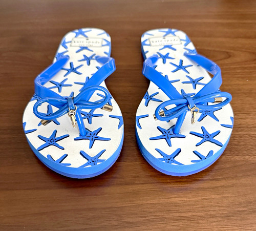 kate spade new york Women’s 7 Blue/White Starfish Thong Flip Flop Bow Logo