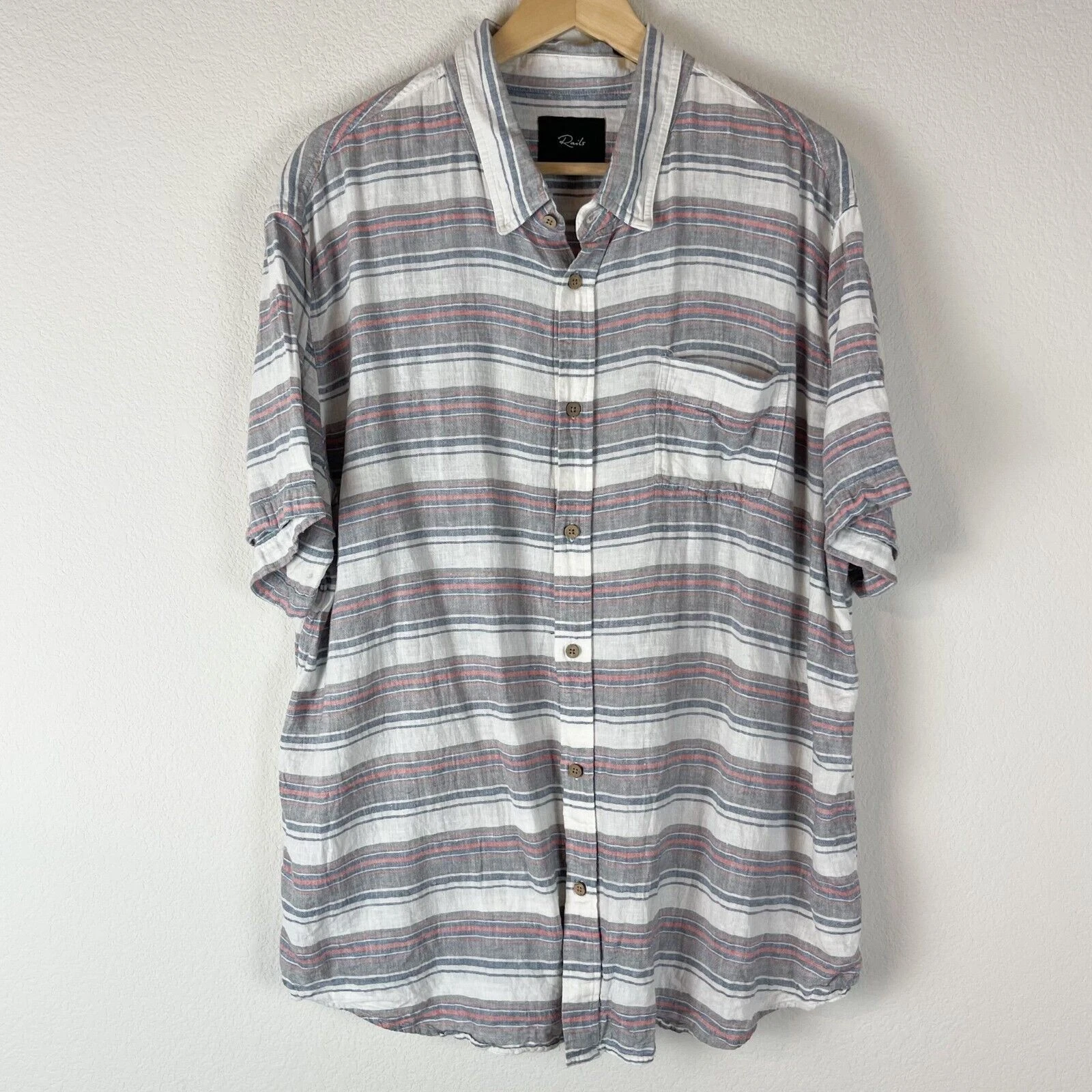 Rails Carson Linen Blend Shirt Mens XXL Gray Striped Button Up Short Sleeve