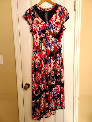 Torrid 00 Floral Maxi Dress Lace V-Neck Assymetrical Hem Black Red Boho  Size M/L