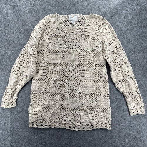 Express Tricot Womens Sweater Size L Handknit Silk Blend Open Knit Crochet Boho - Picture 5 of 9