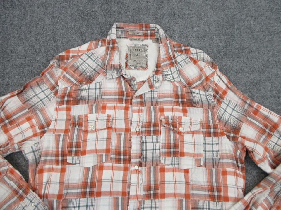 Guess Shirt Mens 2XL XXL Orange Plaid Pearl Snap Button Up Western Slim Flannel - Image 2 of 4