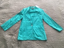 Teal Linen Blazer VINTAGE Rafaella Shoulder Pads Size Small with Pockets CUTE 
