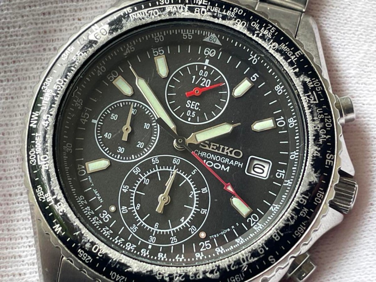 SEIKO Chronograph 7T92-0CF0 Flightmaster Pilot Black Dial Watch 