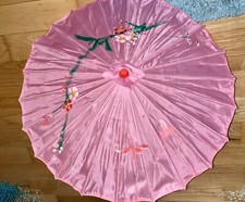 VTG HAND PAINTED PINK FABRIC PARASOL UMBRELLA CHINESE ASIAN INSPIRED WOOD HANDLE