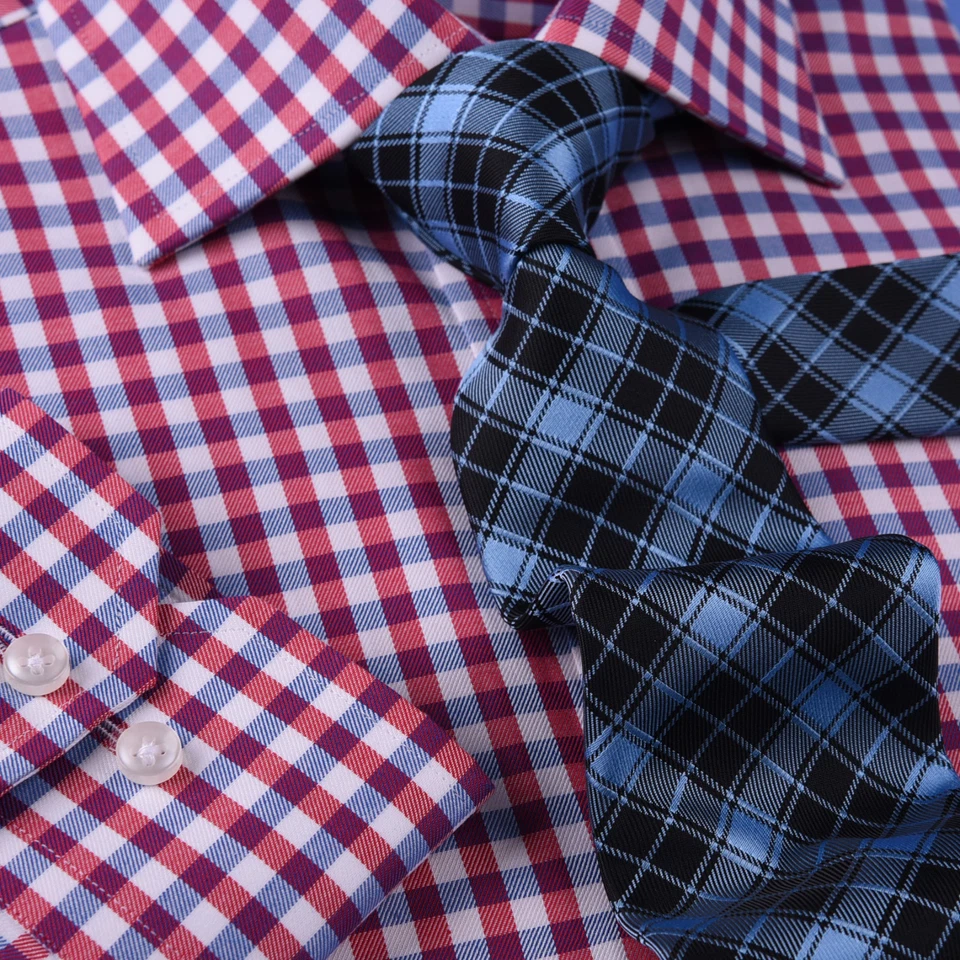 Camisa de vestir de negocios formal a cuadros atractiva azul y rosa tela de algodón egipcio Foto 4 de 4