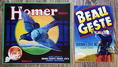 HOMER PIGEON Sunkist Orange & Beau Geste Vegetable Crate Label  LA & Corona CA 