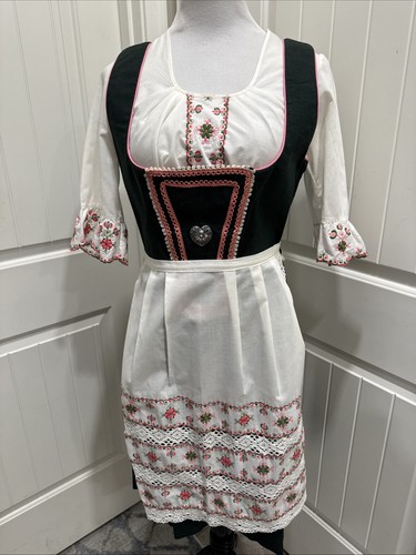 German Drindl Oktoberfest Green Pleated Dress Embroidered Top Apron SZ 44 Read