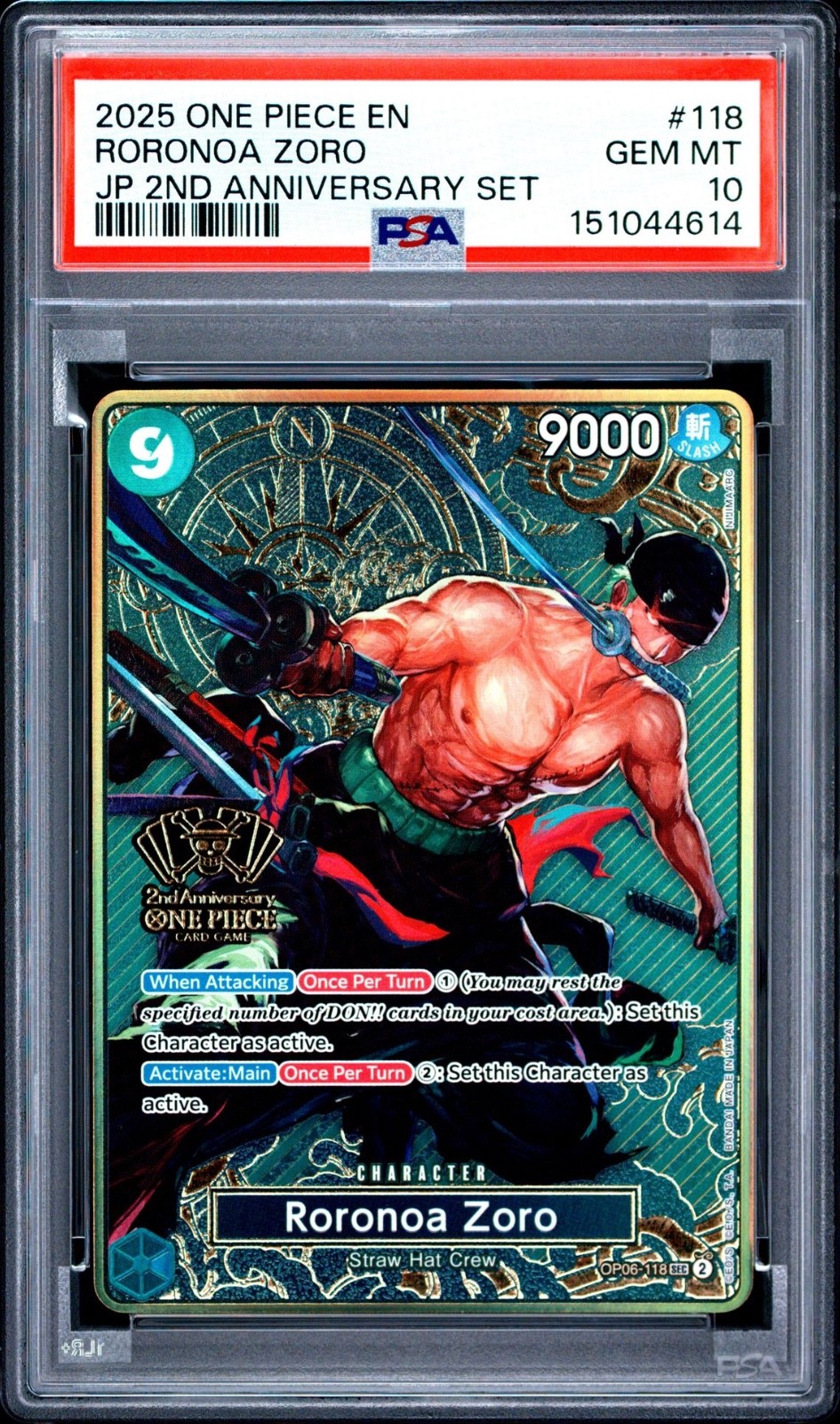 One Piece Japanese Roronoa Zoro 2nd Anniversary OP06-118 PSA 10 Gem Mint
