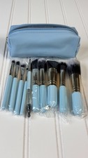 Travel Makeup Brush Set 10Pc Blue Cosmetic Brushes w/ Zipper Pouch Soft Bristles
