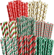 100 Christmas Paper Straws, 8 Styles Red Green White Gold Biodegradable Party Dr