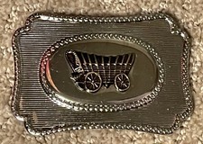 VINTAGE COVERED WAGON BELT BUCKLE Western Ornate Silver Tone 1980s Hong Kong