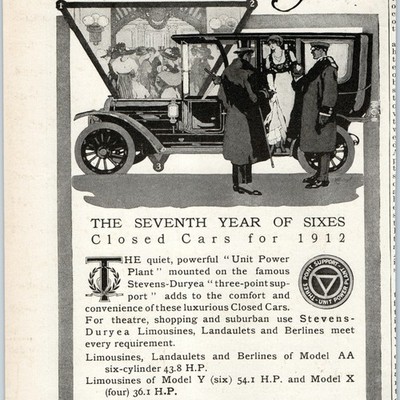 1912 Stevens-Duryea Closed Car Print Ad Limousine Landaulet Chicopee Falls MA