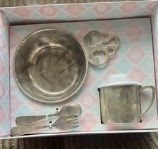 Vtg Silver Plated Baby Toddler Sippy Cup Bowl Fork Spoon New In Box